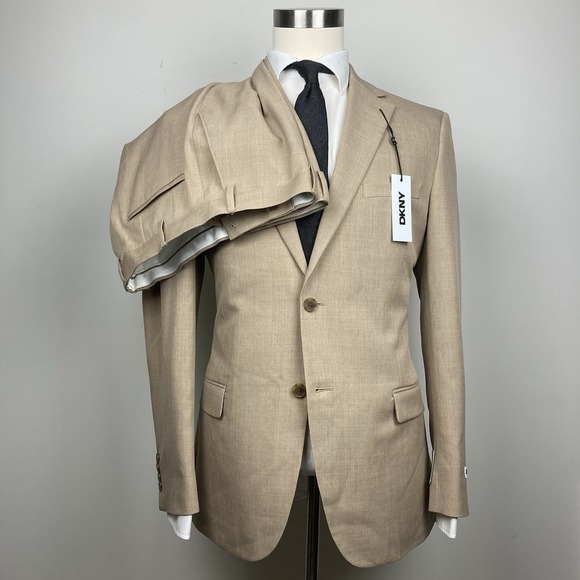 DKNY Mens Modern‎ fit 2 Piece Suit 42R/ 36Wx26L Tan Beige Stretch E121749